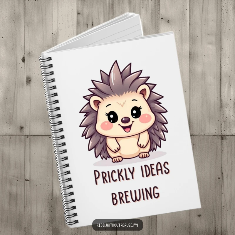 Funny hedgehog with a tiny mohawk on a notebook, perfect for jotting down punk lyrics and ideas.