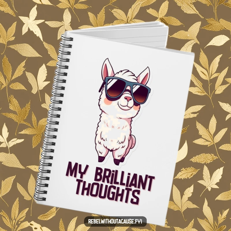 Funny llama with oversized sunglasses on a notebook, perfect for jotting down cool thoughts and plans.
