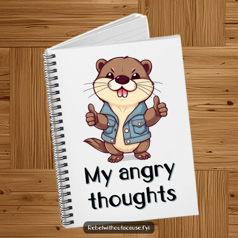 Funny notebook cover with a defiant otter in a ripped denim jacket giving a thumbs-down, ideal for note-taking with a rebellious flair.