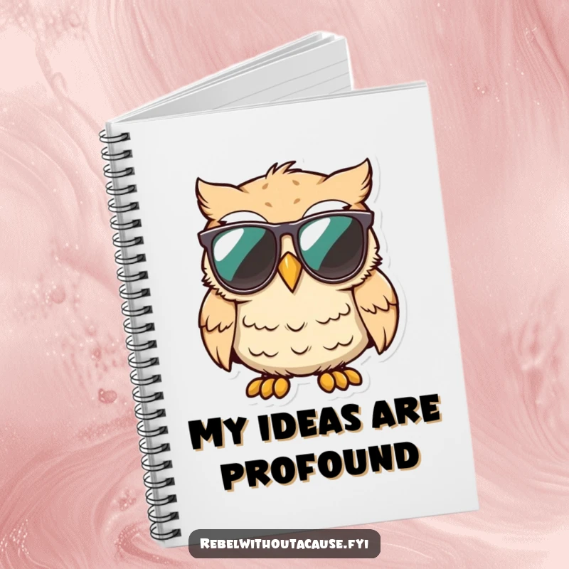 Funny owl wearing sunglasses, smirking with an unimpressed look on a notebook, great for journaling.