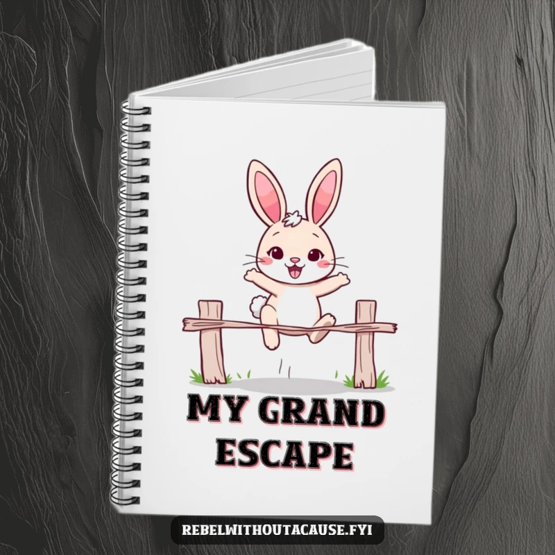 Funny rabbit notebook featuring a cheerful rabbit with a determined expression, jumping over a broken fence. Ideal for planning and motivation.