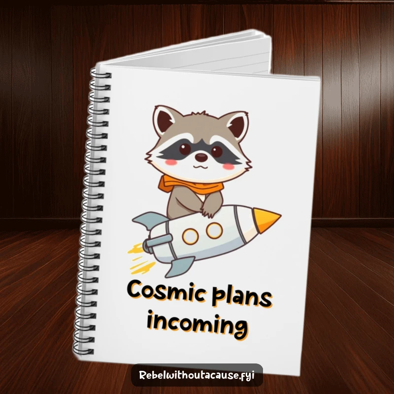 Funny raccoon character on a notebook, determinedly piloting a rocket, ready to record brilliant ideas.