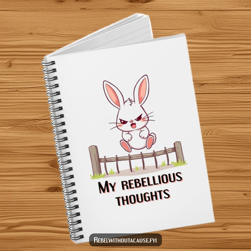 Funny Bunny Notebook featuring a rebellious bunny determinedly jumping over a fence, ideal for planning and goal setting.