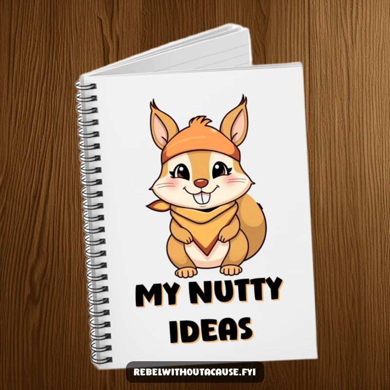 Funny notebook with a mischievous squirrel wearing a bandana and a cheeky grin on the cover, ready for notes and ideas.