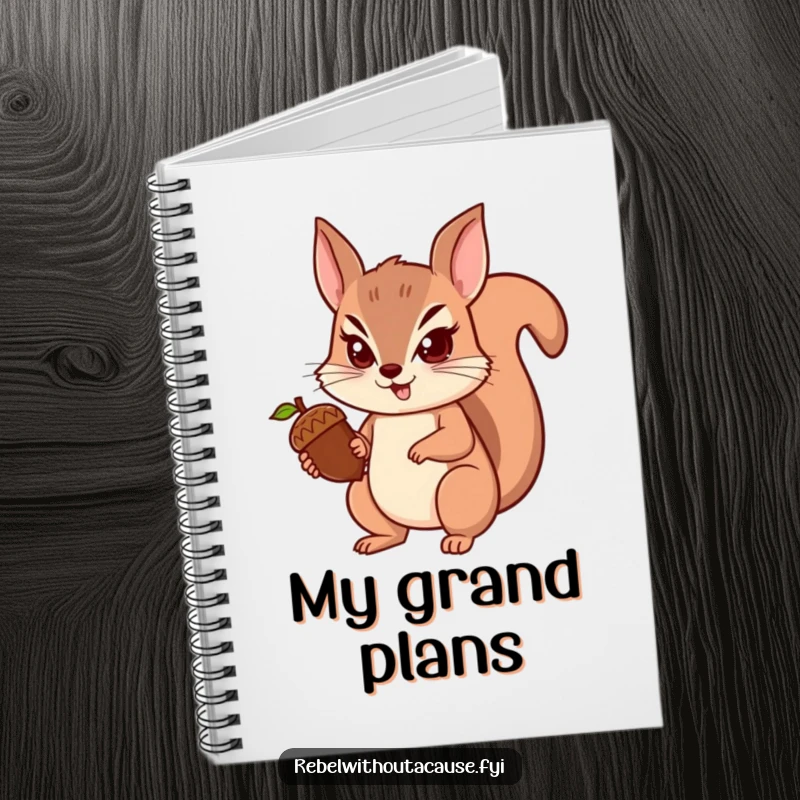 Funny squirrel notebook featuring a spunky squirrel determinedly holding an acorn, perfect for jotting down goals and plans, funny gift.