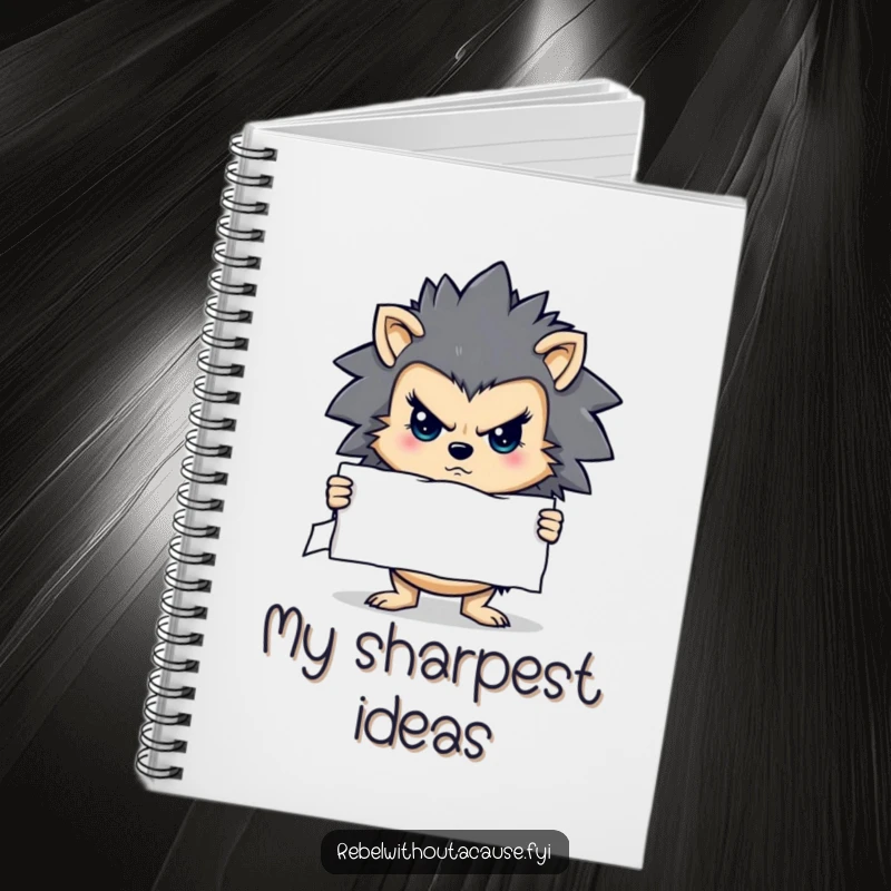 Funny notebook with a determined hedgehog character holding a stern sign, perfect for jotting down serious thoughts.