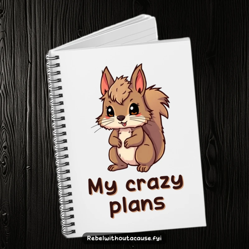 Funny notebook featuring a wild squirrel with messy fur, ready for adventure, ideal for notes and planning, an adventurous funny gift.