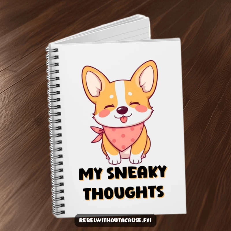 Funny notebook with a mischievous corgi wearing a bandana and giving a wink, perfect for writing.