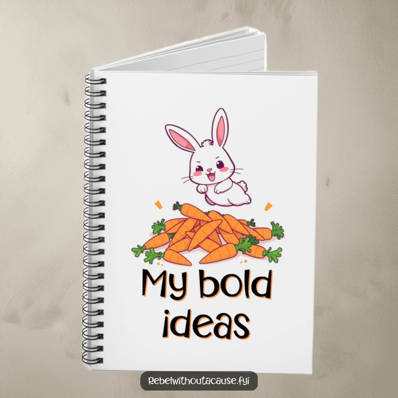 Funny notebook cover featuring a bold bunny aggressively hopping over discarded carrots, for jotting energetic thoughts.