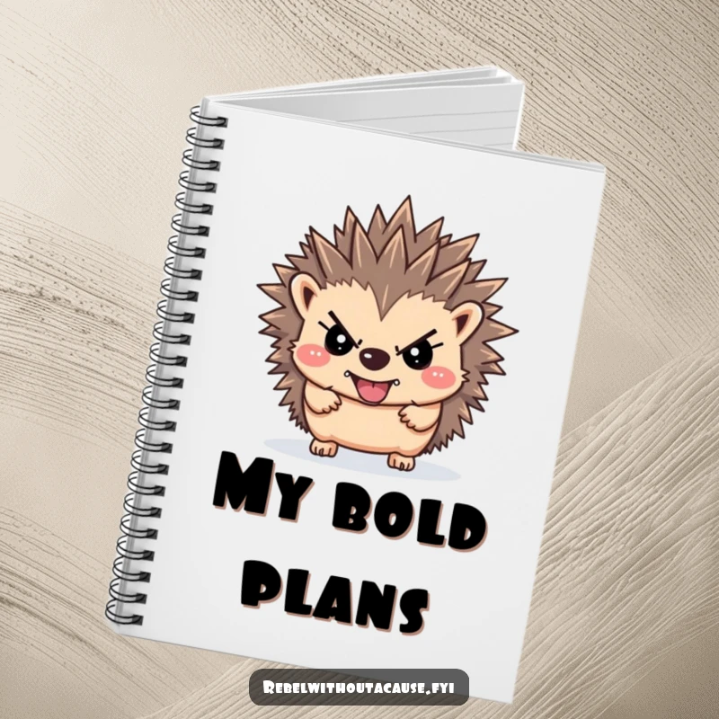Funny rebellious hedgehog notebook featuring a defiant hedgehog with spiky hair, perfect for jotting down thoughts and ideas with attitude.