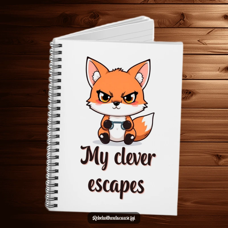 Funny Kawaii Fox Notebook with a defiant fox glaring, holding a broken chain link, perfect for jotting down inspired ideas.