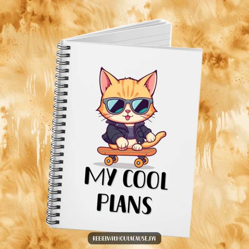 Funny Cat Skater Notebook featuring a cool cat in sunglasses and leather jacket on a skateboard, ideal for jotting ideas.
