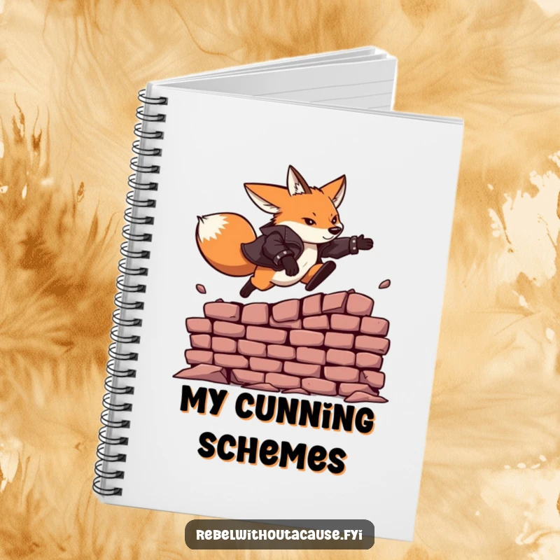 Funny notebook illustrated with a fearless fox in a leather jacket leaping over a brick wall, ready for notes.