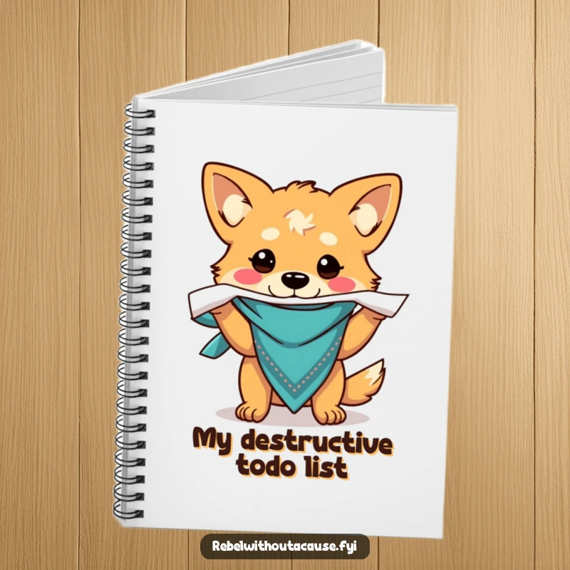 Funny notebook featuring a carefree dog with a bandana, ripping paper, perfect for journaling and creative writing.