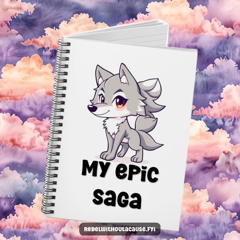 Funny notebook with a spirited wolf character in a confident stance, tail high, inspiring bold ideas.