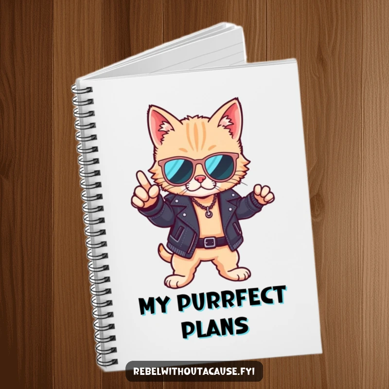 Funny notebook with a cool cat wearing sunglasses and a leather jacket on the cover, ready for notes and creative ideas.