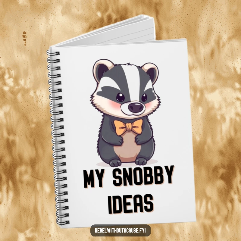 Funny notebook featuring a bold badger with a tiny, crooked bowtie, looking aloof, ideal for notes and sophisticated musings, a distinguished funny gift.