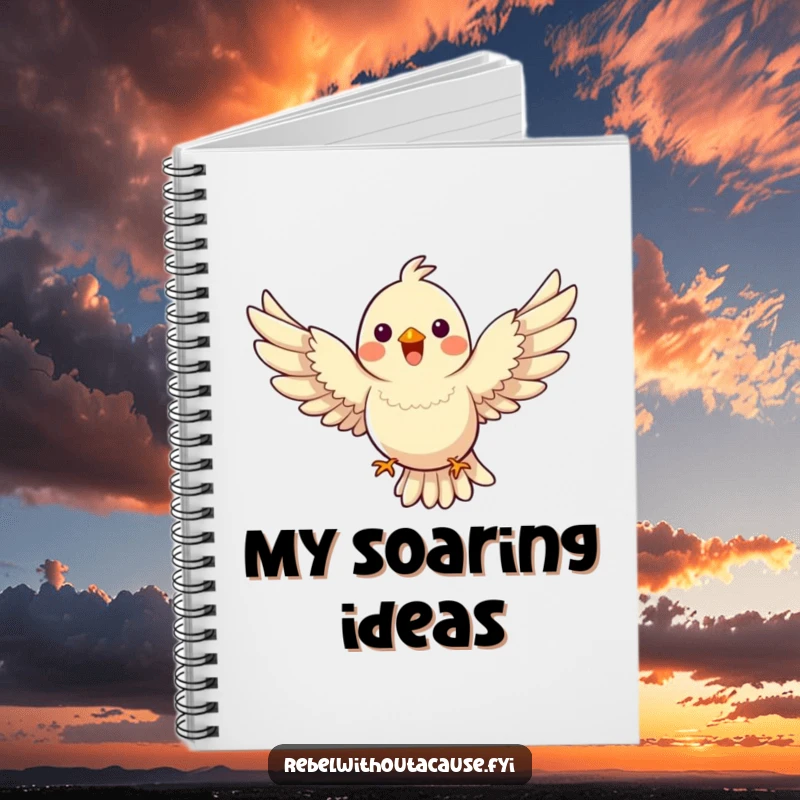 Funny Bird Notebook with a happy bird flying with wings spread wide, defying gravity on the cover, great funny gift.