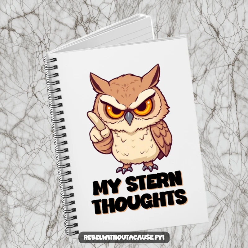 Funny notebook featuring a fierce owl, stern gaze, pointing an accusatory finger, ideal for notes and musings, an insightful funny gift.