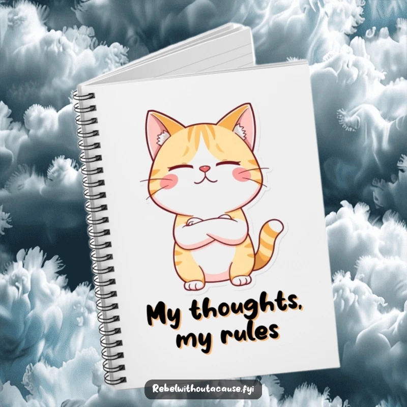 Funny notebook with a giggling cat character arms crossed, looking unimpressed, perfect for jotting down witty ideas.