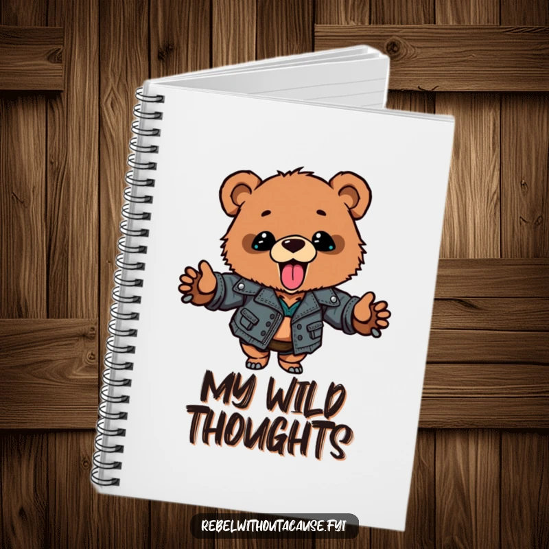 Funny bear cub notebook with a ripped leather jacket cub cover, perfect for jotting down notes with a playful attitude, funny gift.