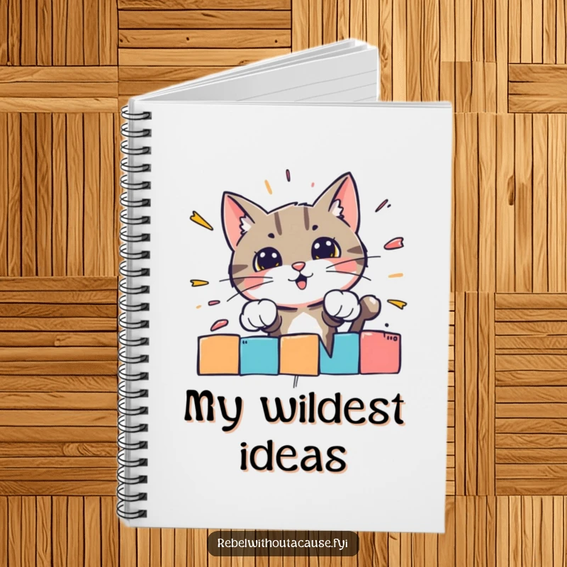 Funny notebook with a bold cat character crashing through a striped barrier, perfect for writing down goals.