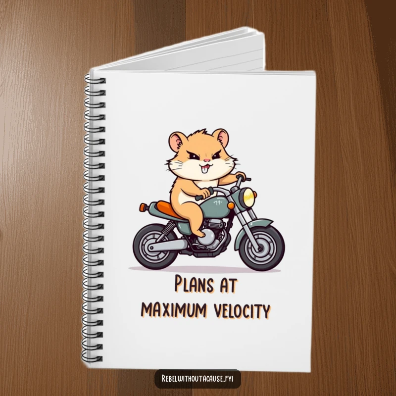 Funny Hamster Motorcycle Notebook: A determined hamster character rides a tiny motorcycle with a focused grin, perfect for notes.