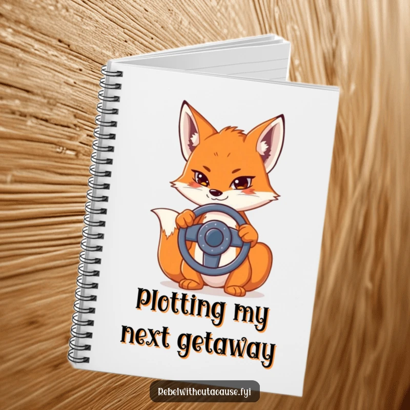 Funny notebook featuring a sly fox with a detached steering wheel, perfect for capturing notes with a humorous and cunning flair.