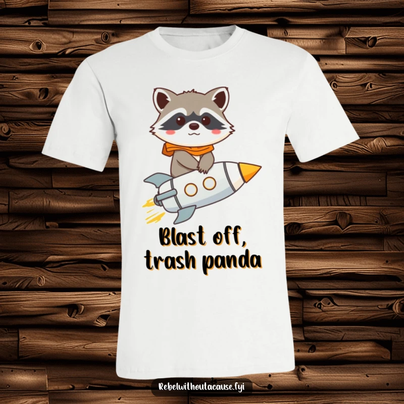 Funny raccoon riding a miniature rocket with a determined expression on a t-shirt, embodying adventurous humor.