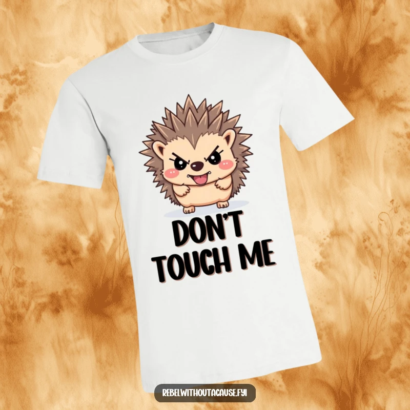 Funny rebellious hedgehog t-shirt featuring a defiant hedgehog with spikes pointing upwards, showcasing a bold and unyielding attitude.