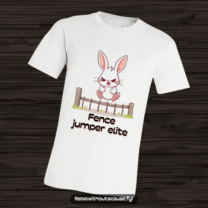 Funny Bunny T-Shirt showing a rebellious bunny determinedly jumping over a fence, symbolizing overcoming obstacles.