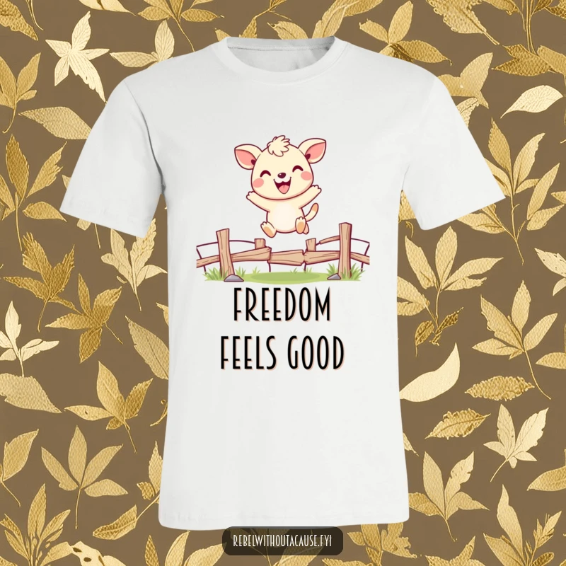 Funny t-shirt featuring a cheerful animal character joyfully jumping over a broken fence with a wide, uplifting smile.