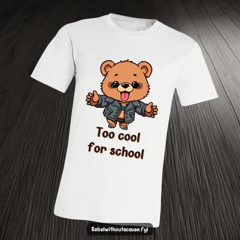 Funny bear cub t-shirt featuring a ripped leather jacket and a playfully defiant tongue-out expression, making it a cool funny gift.