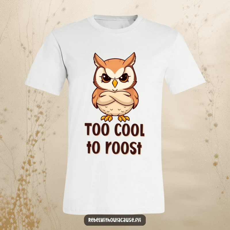 Funny t-shirt showcasing a bold owl character with a stern, cool face and arms crossed, exuding authority.