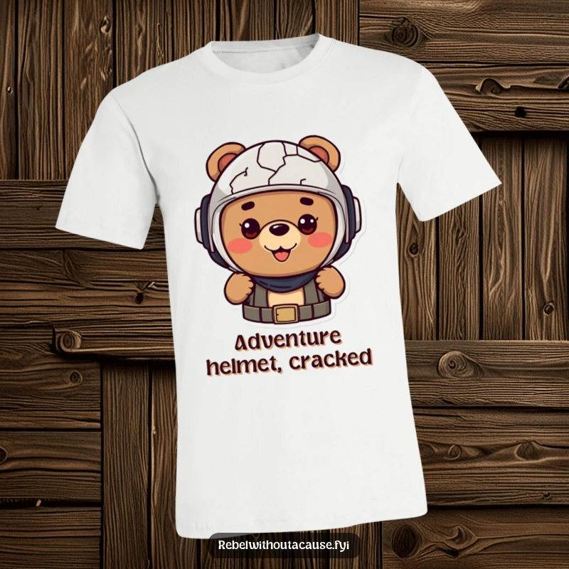 Funny t-shirt of a cheerful bear character wearing a cracked helmet, exuding excitement and readiness for adventure.
