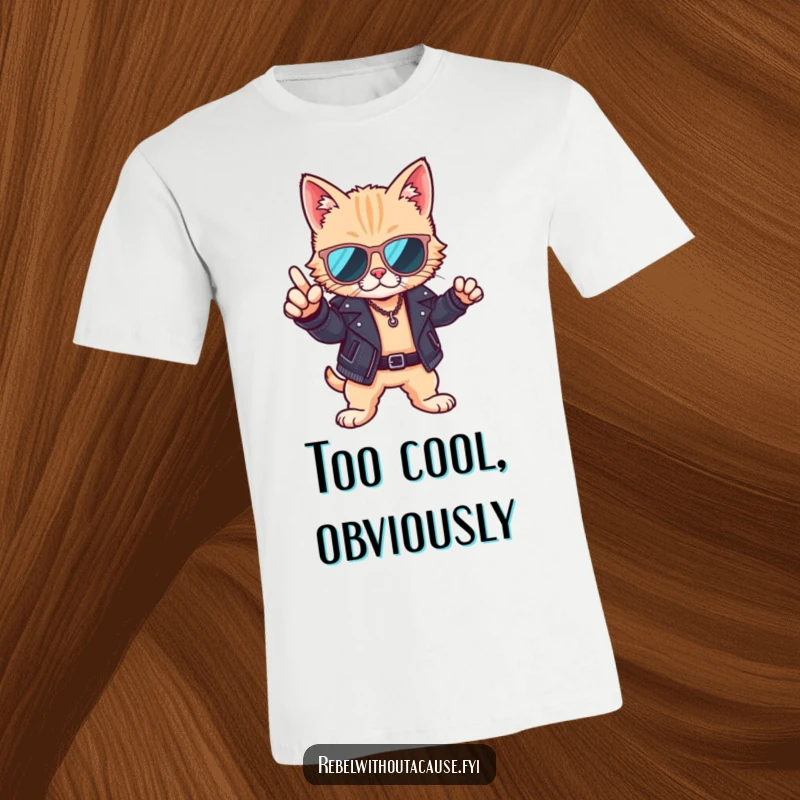Funny t-shirt showcasing a cool cat in sunglasses and a leather jacket, striking a confident and stylish pose.