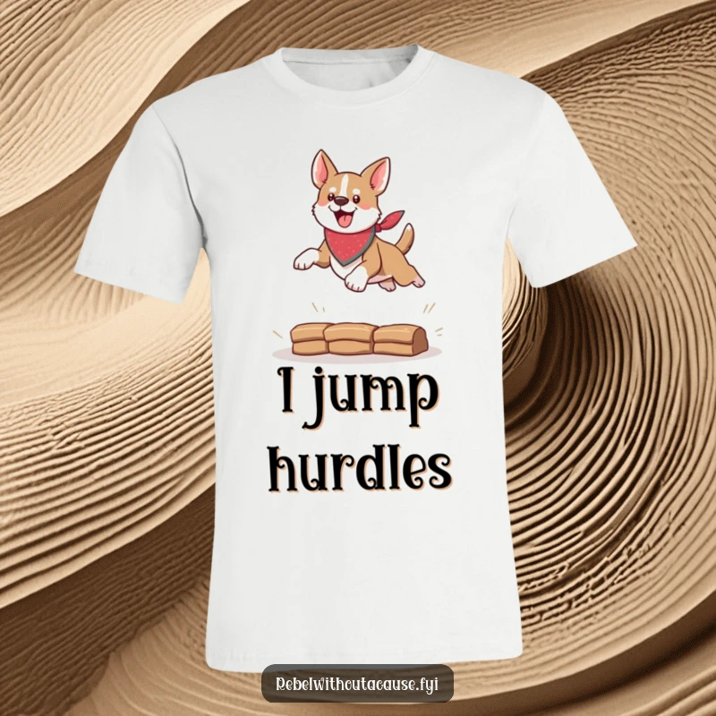 Funny t-shirt featuring a daring dog with a bandana leaping over an obstacle, symbolizing bravery and fun, a great funny gift.