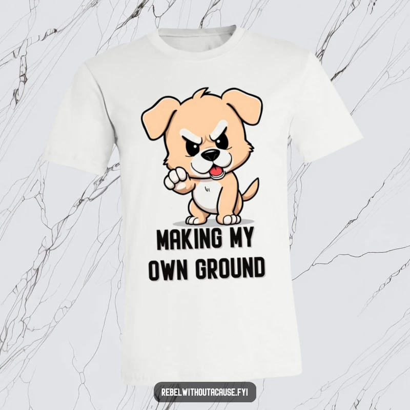 Funny t-shirt graphic of a defiant puppy character stomping its foot, causing a comical small tremor.