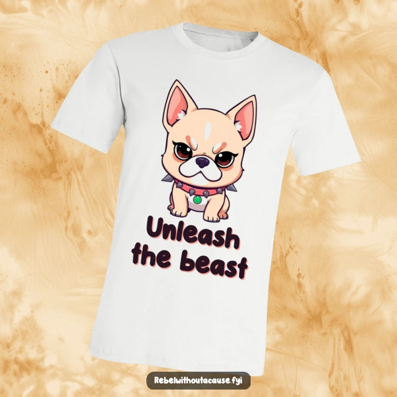 Funny t-shirt showcasing a rebellious dog wearing a spiked collar and a determined expression, embodying strength and attitude.