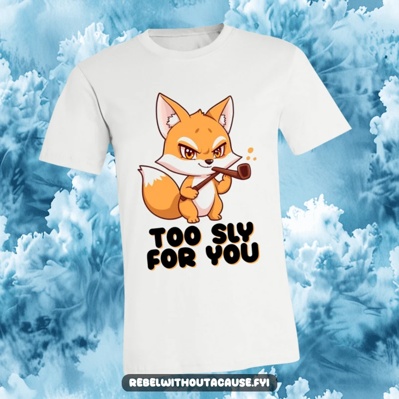 Funny Fox Butler T-Shirt showcasing a mischievous fox character with a daring grin and a bent pipe, exuding sly charm.