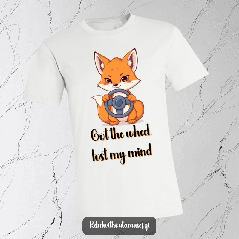 Funny T-shirt with a sly fox smirking while holding a detached steering wheel, ideal for car lovers and pranksters.