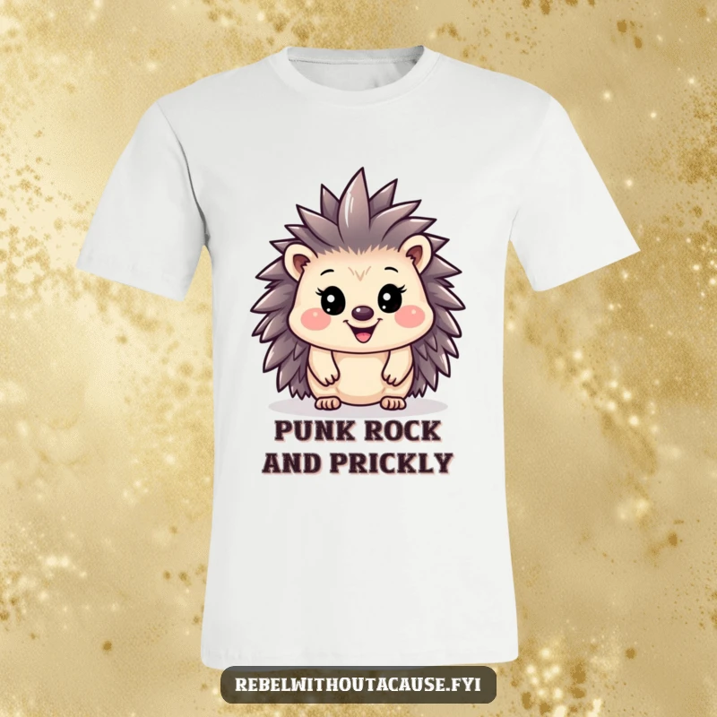 Funny hedgehog sporting a tiny mohawk and a proud grin on a t-shirt, radiating punk rock confidence.