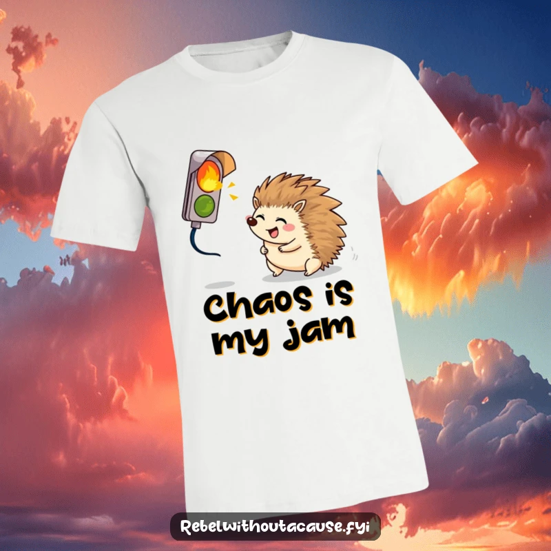 Funny giggling hedgehog rolling headfirst towards a broken signal light on a humorous t-shirt.