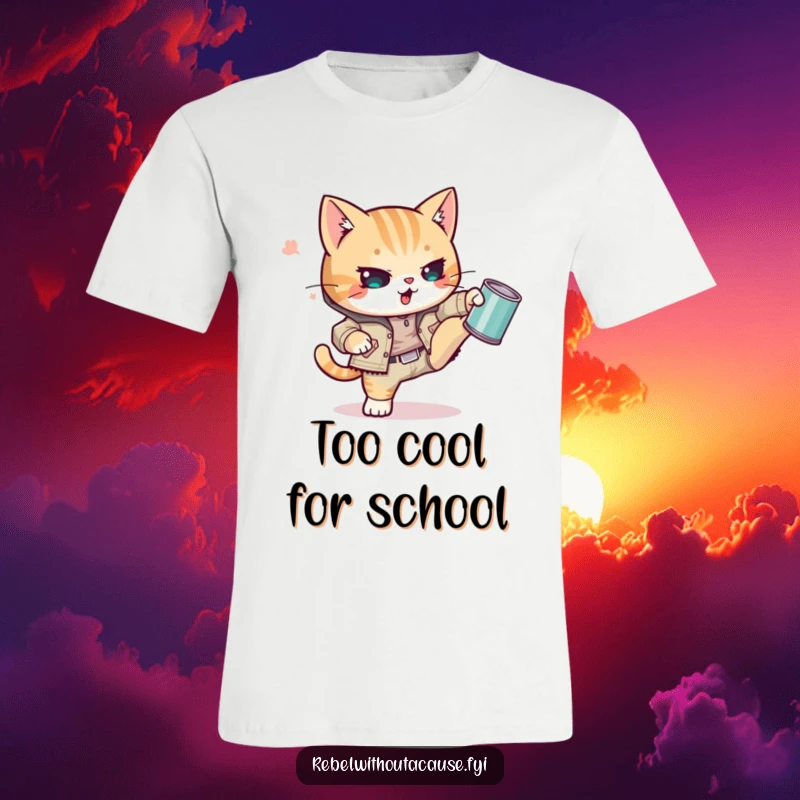 Funny Kawaii Cat T-Shirt showing a punk kitty in ripped gear, defiantly kicking a tin can with a cool, rebellious feline attitude.