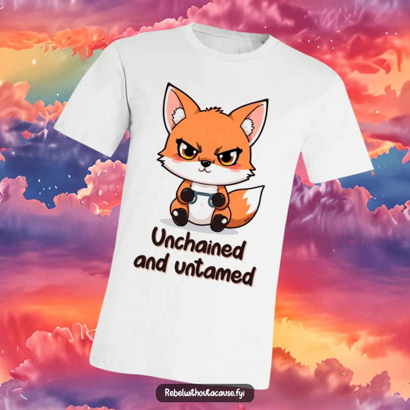 Funny Kawaii Fox T-Shirt showing a defiant fox with a glare, holding a broken chain link, symbolizing courage and liberation.