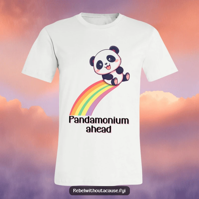 Funny Panda Slide T-Shirt, a mischievous panda sliding down a rainbow with a playful grin, ideal funny gift.