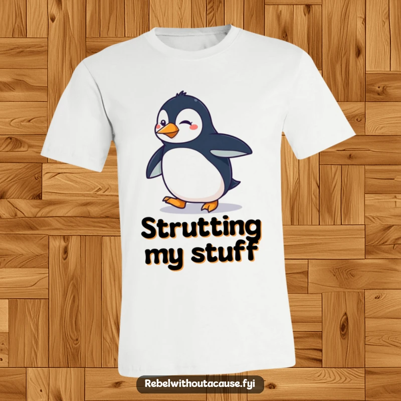 Funny determined penguin doing a smooth, sassy strut on a t-shirt, radiating confidence.