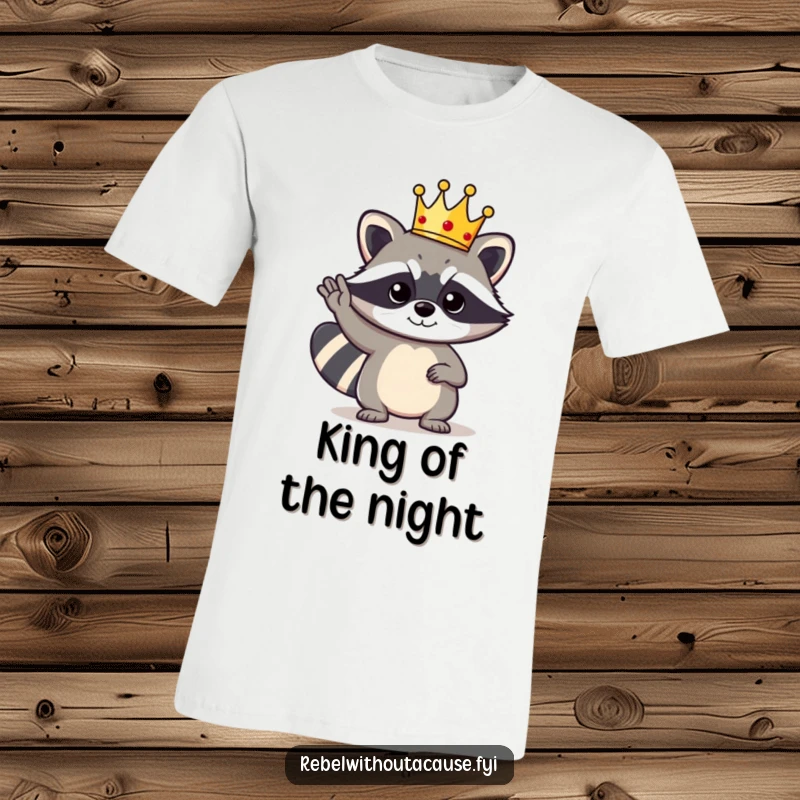 Funny Raccoon King T-Shirt: A bold raccoon character sports a tiny crown and delivers a cool, authoritative salute.