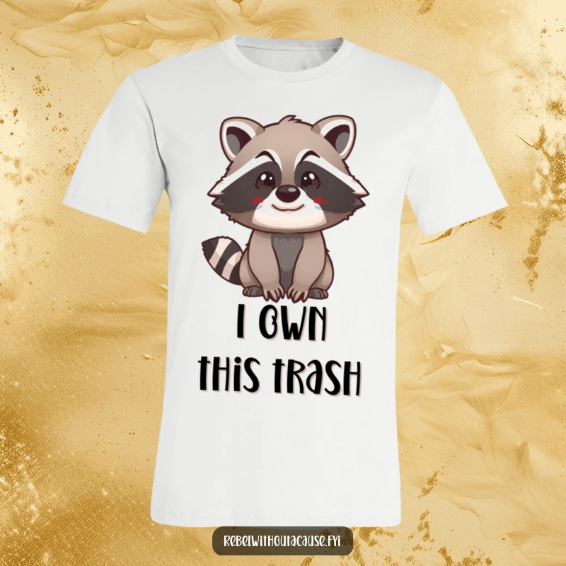 Funny raccoon swagger t-shirt with a spunky raccoon confidently striding forward, showcasing mischief and a cool, unafraid demeanor.