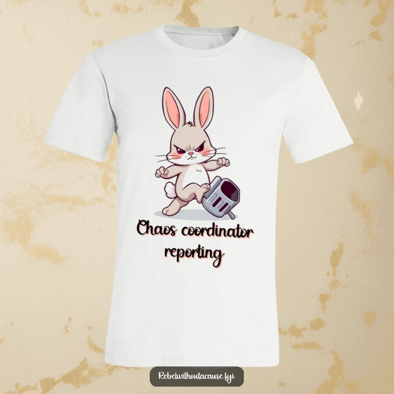 Funny t-shirt showcasing a sneering bunny kicking an overturned trash can, a humorous statement of rebellion.